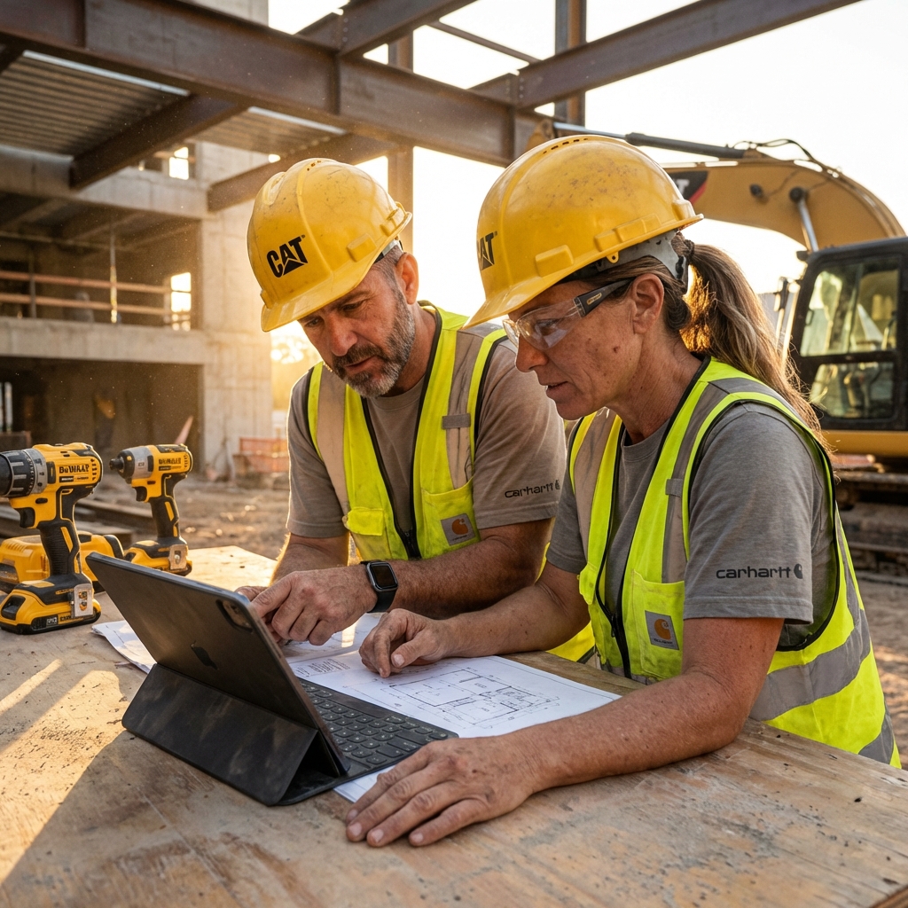 Constructores argentinos revisando documentos en obra