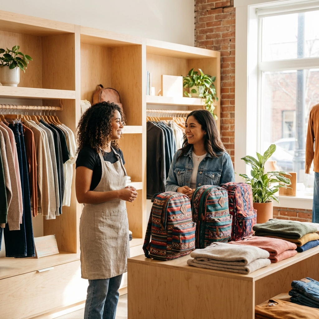 Emprendedora atendiendo cliente en boutique