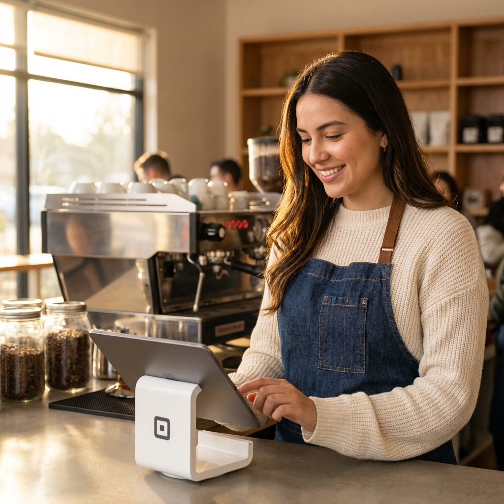 Emprendedora latina usando terminal de pago