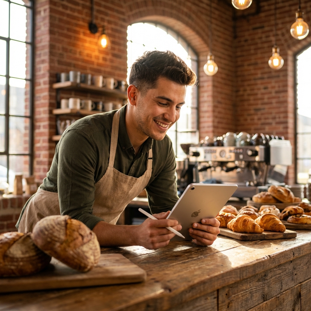 Emprendedor argentino gestionando su negocio con tablet
