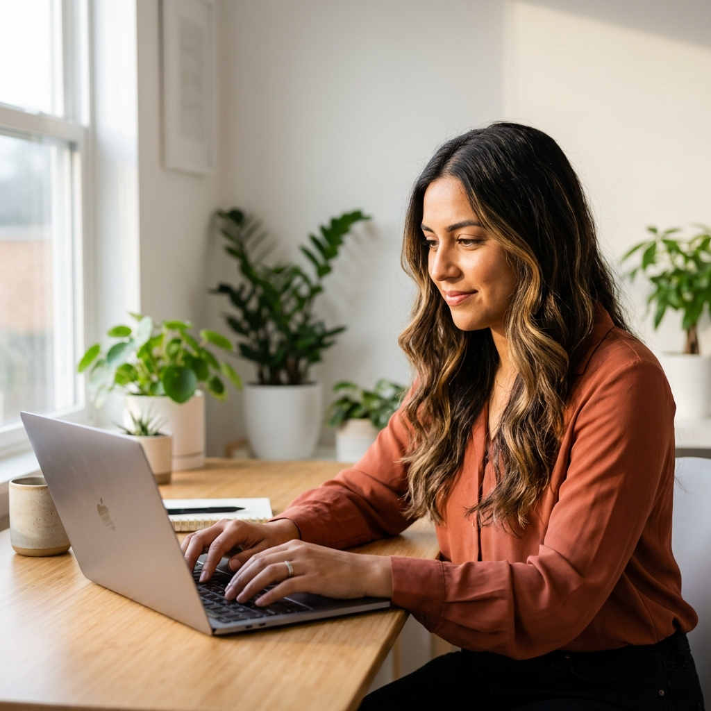 Emprendedora argentina trabajando en su laptop