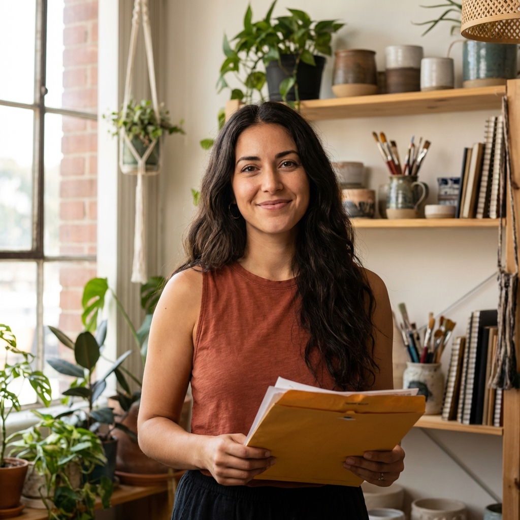 Emprendedora argentina con documentos en su estudio