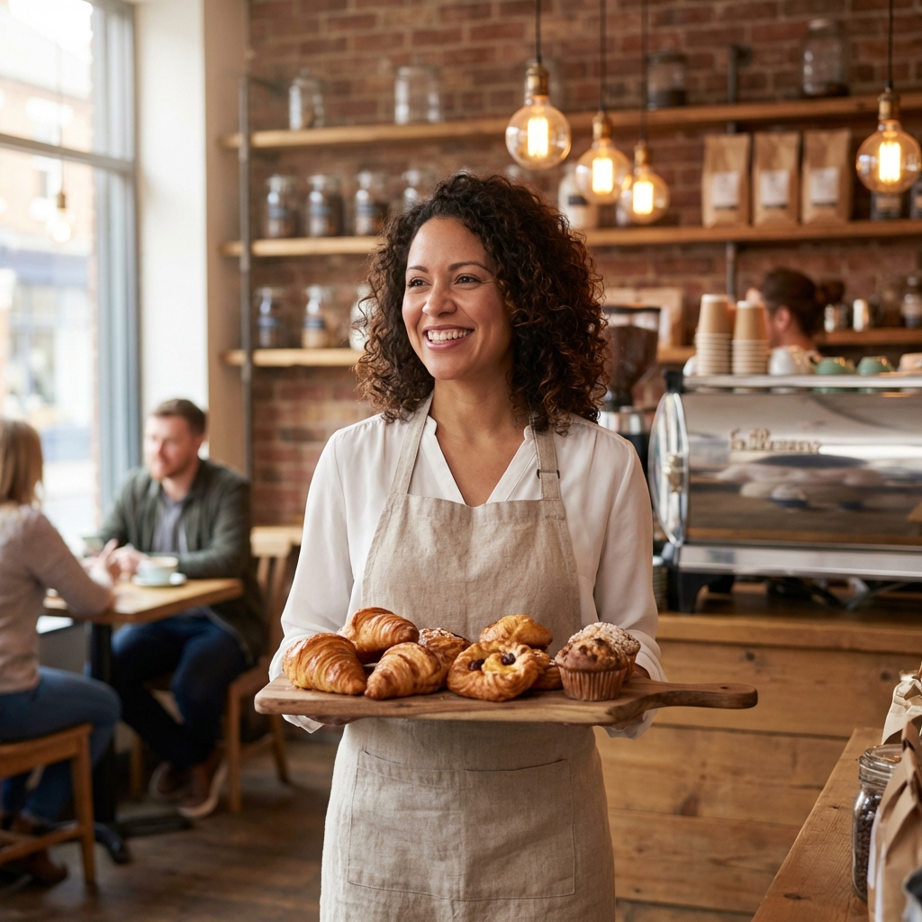 Emprendedora en su restaurante con licencias comerciales
