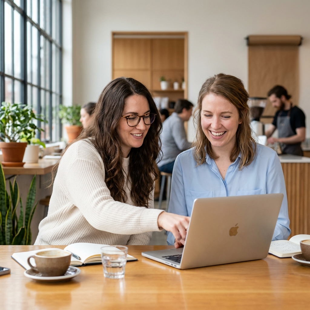 Dos emprendedoras argentinas revisando documentos en una cafeteria
