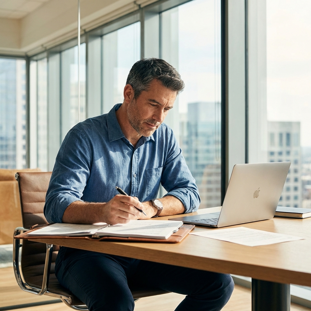Empresario revisando informe anual