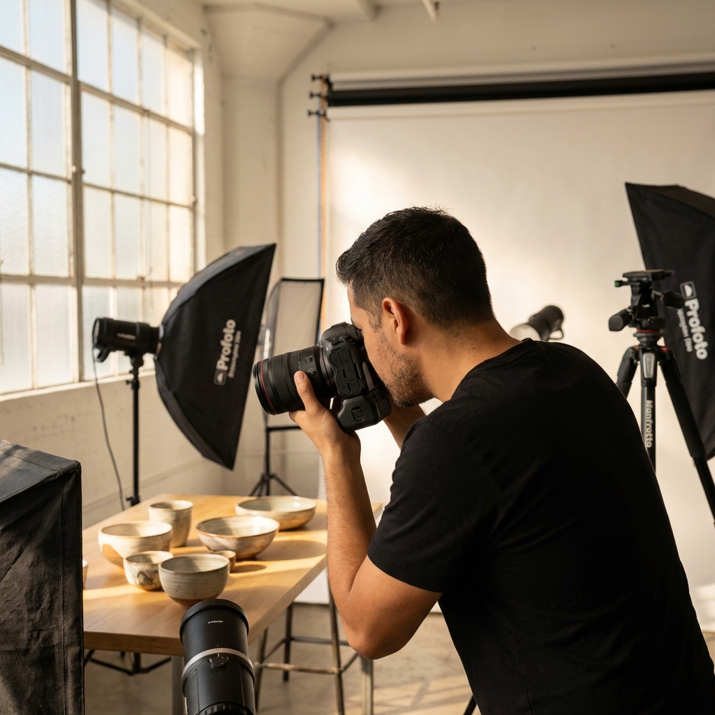 Fotografo profesional en su estudio con licencias comerciales