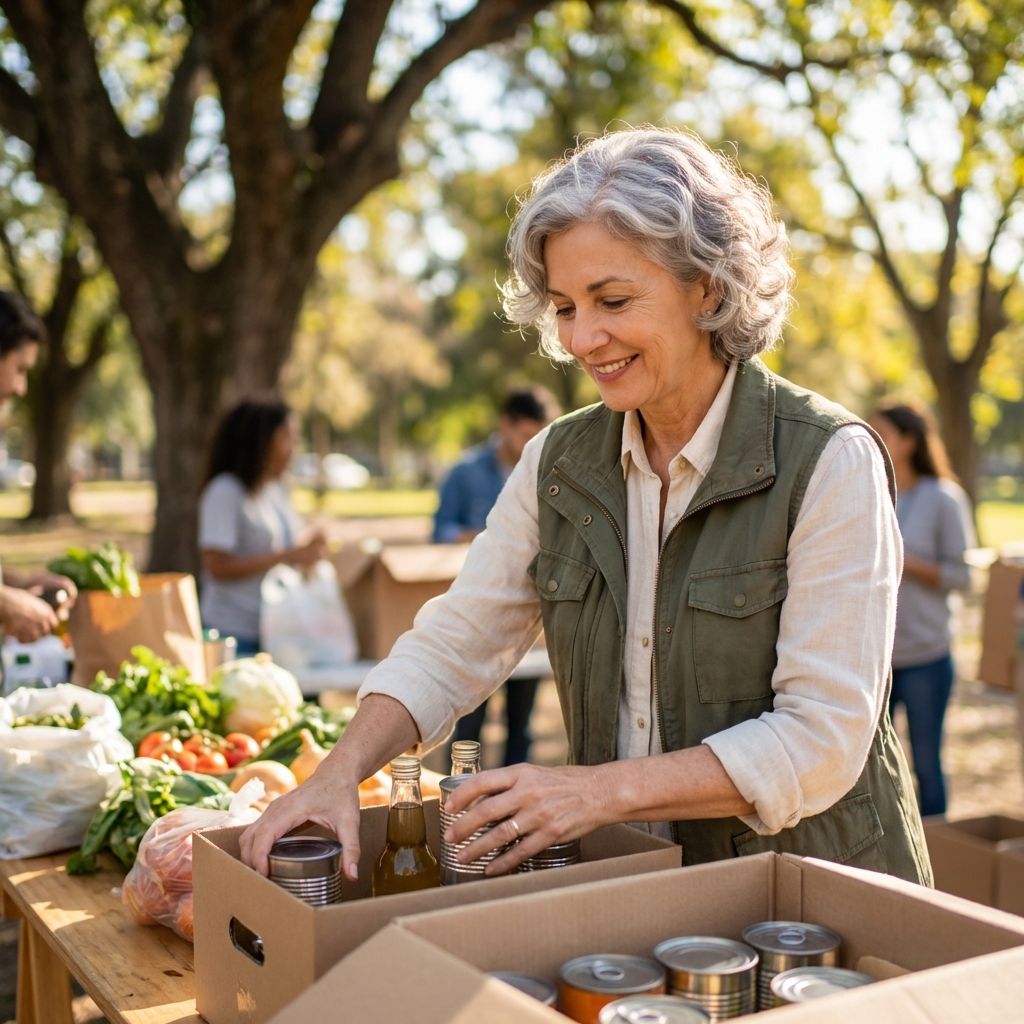 Voluntaria organizando donaciones de alimentos