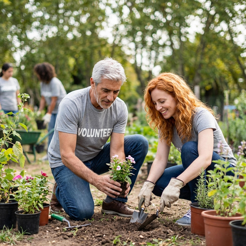 Voluntarios plantando en jardín comunitario