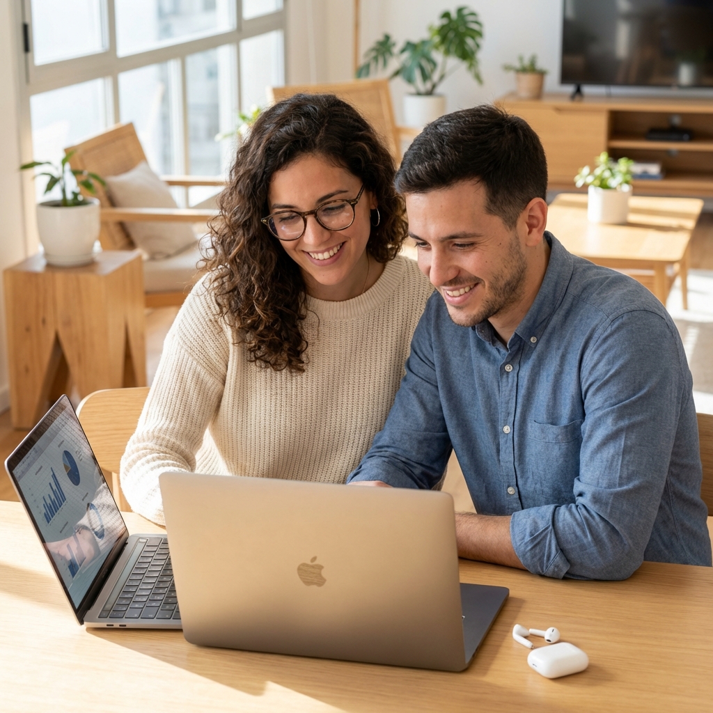Pareja argentina revisando documentos comerciales en laptop