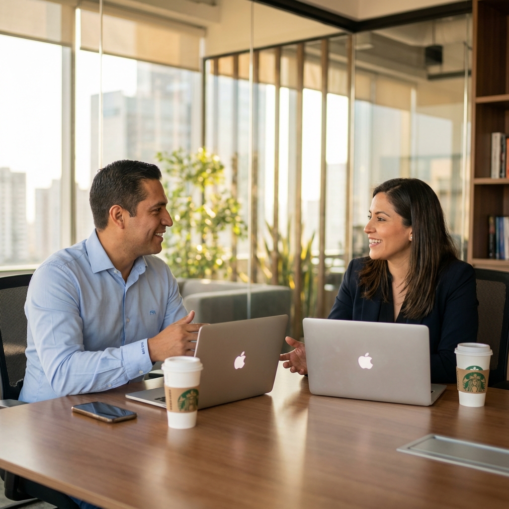 Profesionales latinos en reunión de negocios con MacBooks